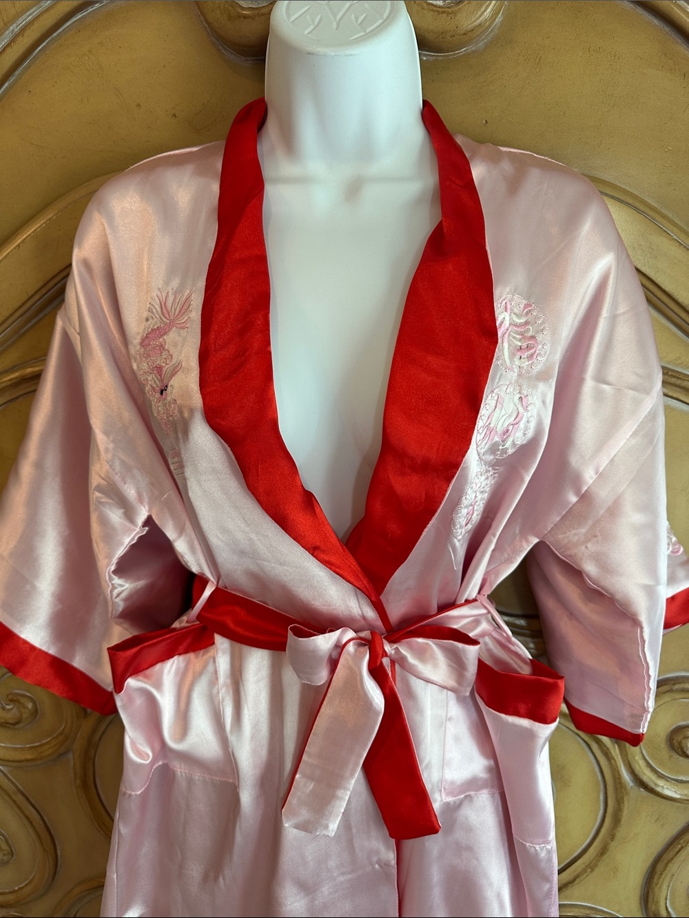 Satin Reversible Pink Kimono Robe with Red Trim and embroidered designs - Picture 5 of 13